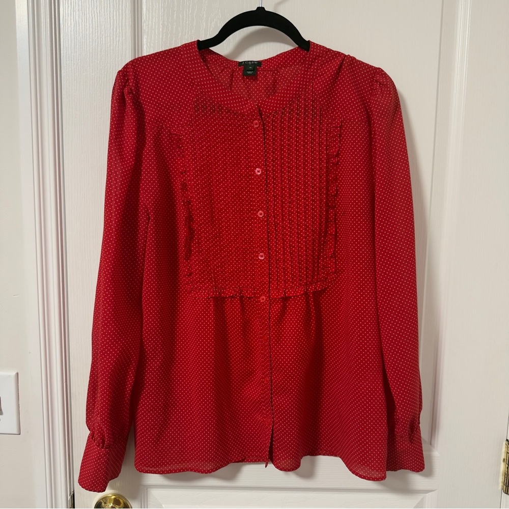 J. Crew Tuxedo Ruffle Red White Polka Dot Blouse - Size 14